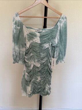 Yana K Ruched 🌼Tie-Dye Mini Dress in Sage Green & White